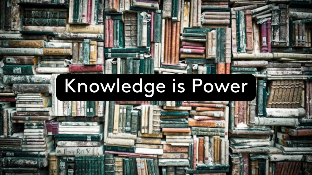 abstract knowledge is power quote with books behind